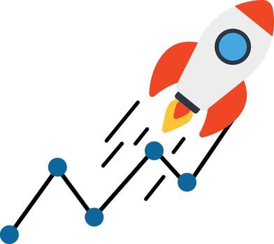 a rocket is flying over a chart with a line going up vector