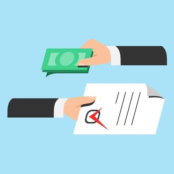 Corruption and bribes, Composition with a hand giving monetary bribe and second hand signing official documents with a seal. Offer vector