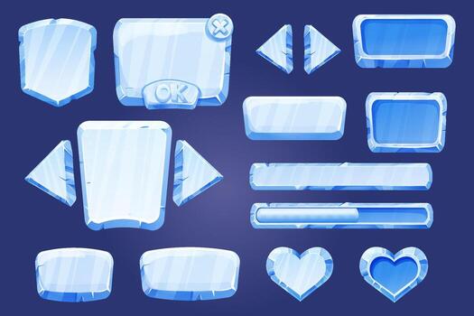 Set game menu elements assets ice buttons, interface elements 2d in cartoon style isolated. Blocks, shapes frozen gui panels, sliders, arrows. vector
