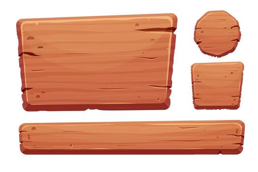 Wood button set in cartoon style with cracked details isolated on white background. Game assets, ui interface, menu. Collection of different shapes for application. vector