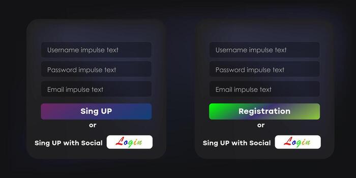 Login and registration forms with username, password and email fields and social login option. Dark mode illustration template. User interface and web design concept. vector
