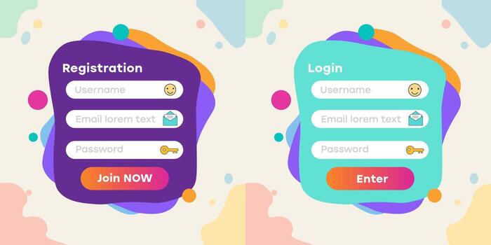 Registration and login forms with username, email and password fields and submit buttons. Flat style illustration template. User interface and web design concept. vector