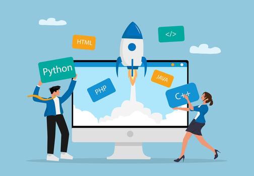 creativo web desarrollo y programación equipo lanzamiento proyecto con codificación idiomas ilustración vector