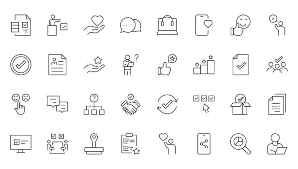 Survey and feedback, testimonial, customer thin line icons. For website marketing design, template, ui, and more. vector