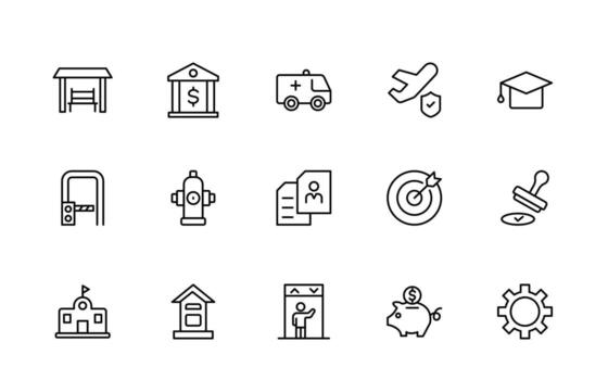 conjunto de contorno público servicios iconos mínimo Delgado lineal web icono colocar. línea íconos relacionado a público utilidades. gas, agua, electricidad, calefacción. vector