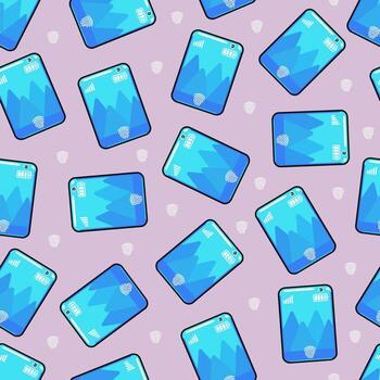 A colorful seamless pattern of blue tablets and fingerprint icons on a lilac background. vector