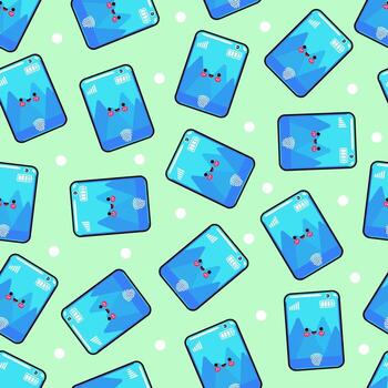 encantador dibujos animados tableta modelo presentando sonriente caras y huella dactilar escáneres en un ligero verde fondo. vector