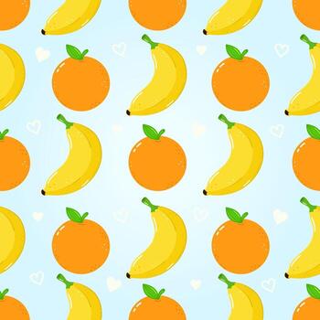 A cheerful repeating pattern featuring cartoon bananas and oranges with hearts on blue background. vector