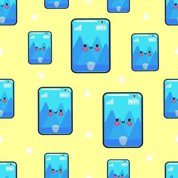 A seamless pattern featuring cute, smiling smartphone illustrations on a yellow background. vector
