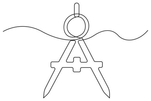 Minimal one line sketch of geometry compass continuous outline isolated on white background for academic and technical drawing illustration vector