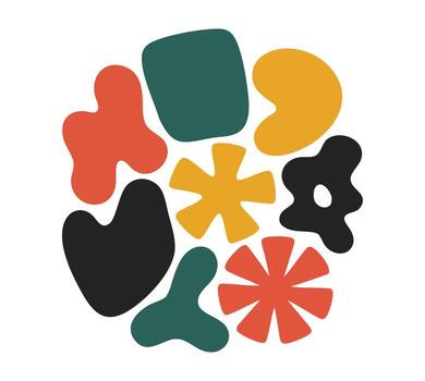 Eccentric Silhouette Cluster Featuring Random Geometric And Fluid Odd Shapes Solid Flat Fill Central Cluster Surrounded By Uniform White vector