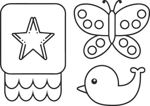 Charming cartoon creatures a star banner, butterfly, and bird in simple line art for playful designs and creative projects vector