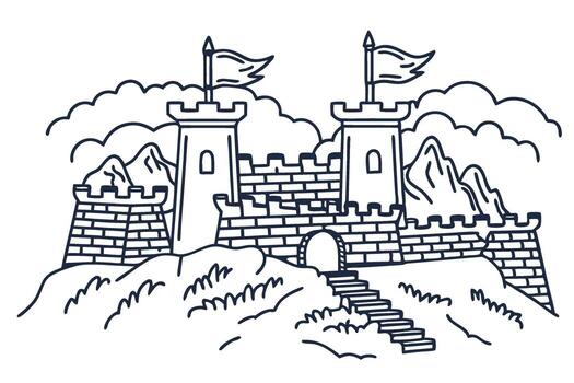 Medieval castle fortress with twin towers and flags on mountain landscape historic architecture and security concept vector