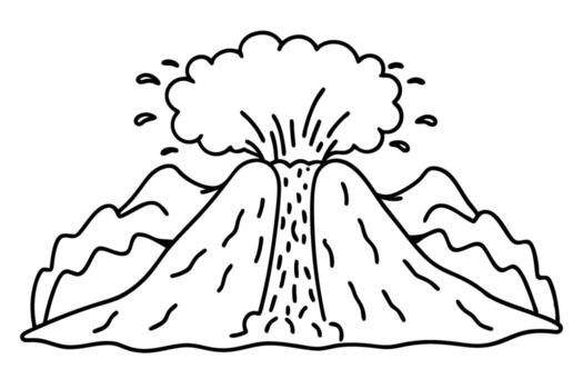 Volcanic eruption outline exploding volcano with lava flow and ash cloud simple line art of natural disaster vector