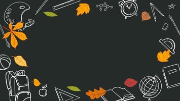 Hand drawn autumn leaves and school supplies frame, Back to School theme, black chalkboard background. Perfect for school promos, web ads, email headers. vector