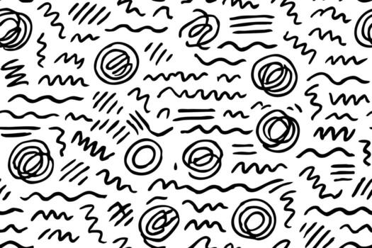 Seamless Abstract scribble circle and line pattern in black on white vector