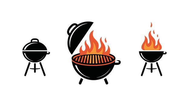 Three Barbecue Grills One Closed One Open with Flames and One with Flames on a White Background cooking vector