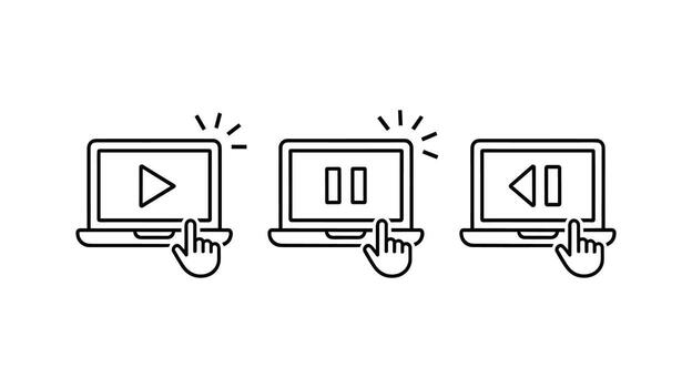 Line Art Icons of Laptops with Play Pause Rewind and Finger Clicks computer screen vector