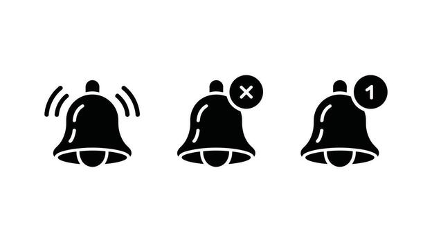 Three Black Notification Bell Icons Showing Different States on White Background alert message vector