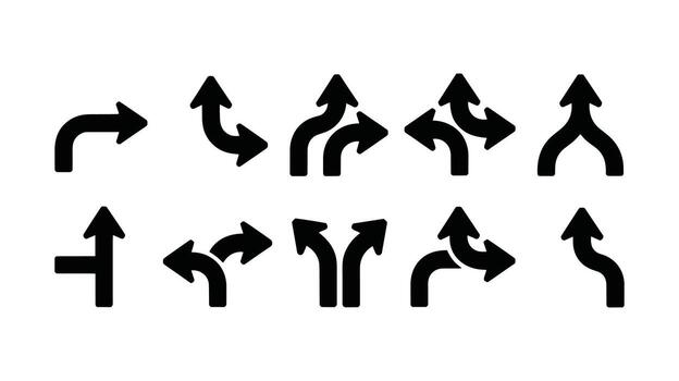 Set of Black Arrow Icons Showing Different Directions and Junctions on White Background symbol pointer vector