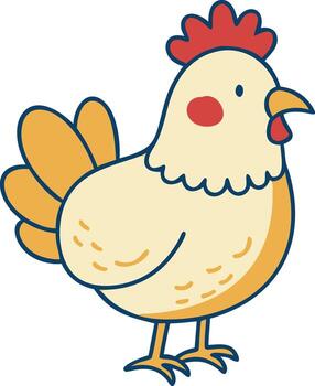 Stylized chicken with pale yellow feathers stands proudly, displaying its vibrant red comb, transparent background vector