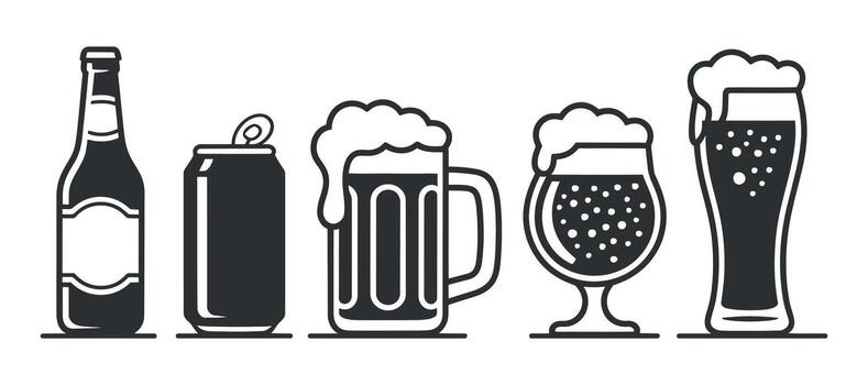 Assorted Beer Container Set Featuring Bottle, Can, Mug, and Glass for Beverage Illustration on white background vector