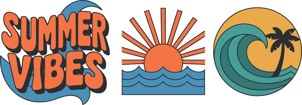 Vibrant Summer Vibes Graphic Collection Featuring Retro Sunsets, Ocean Waves, and Tropical Palm Trees for Apparel vector