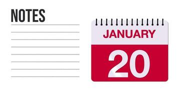 januari 20 kalender animering med fri Plats för anteckningar och skrivning 4k rörelse grafisk element video