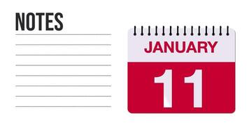 januari 11 kalender animering med fri Plats för anteckningar och skrivning 4k rörelse grafisk element video