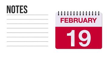 febrero 19 calendario animación con gratis espacio para notas y escritura 4k movimiento gráfico elemento video