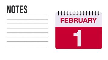 februari 1 kalender animering med fri Plats för anteckningar och skrivning 4k rörelse grafisk element video