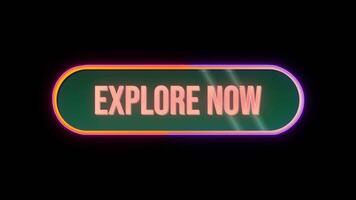 Esplorare adesso, pulsante clic animazione con computer topo cursore e lusso neon splendore colorato confine su nero sfondo video
