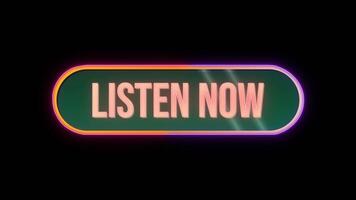 lyssna nu, knapp klick animering med dator mus markören och lyx neon glöd färgrik gräns på svart bakgrund video