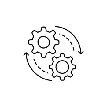 Two Gears Connected by Rotation Arrows Outline on White Background vector