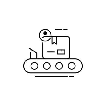 Outline Conveyor Belt with Package and Unhappy Symbol on White Background vector