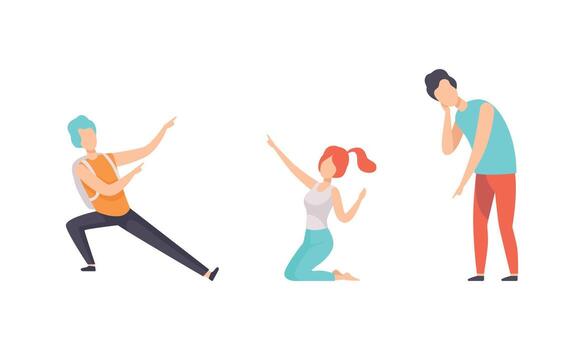 People Pointing with their Fingers Set, Young Man and Gesturing with their Index Fingers Expressing Different Emotions Flat Illustration vector