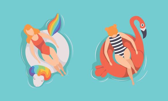 Top View of People Relaxing on Inflatable Swimming Pool Floats Set, Girl in Bikini Sunbathing on Inflatable Flamingo and Unicorn Flat Illustration vector