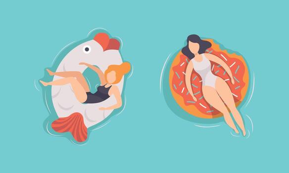 Top View of People Relaxing and Sunbathing on on Inflatable Swimming Pool Floats Set Flat Illustration vector