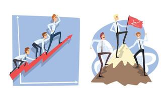 negocio personas alpinismo arriba montaña a éxito, carrera escalera, liderazgo, desafío, competencia dibujos animados ilustración vector