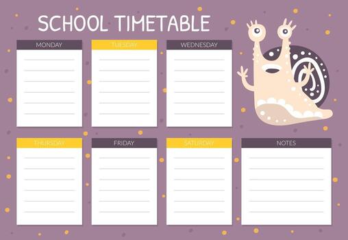 School Timetable with Cute Snail Character as Gastropod with Coiled Shell Template vector