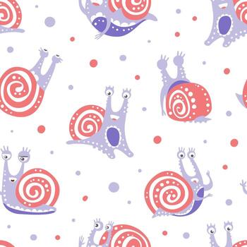 Cute Snail Character as Gastropod with Coiled Shell in Seamless Pattern vector