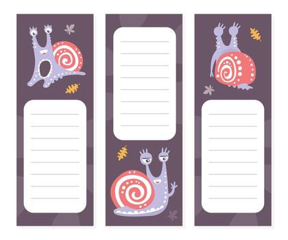 Lined Cards with Cute Snail Character as Gastropod with Coiled Shell Template vector