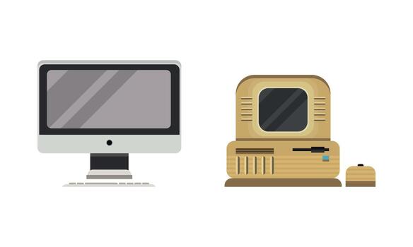 Set of Old Fashioned Personal Computers, Retro Office Workspace Devices Flat Illustration vector