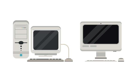 Set of Old Fashioned Personal Computers, Retro Office Workspace Devices, Pc Monitor with Keyboard and Mouse Flat Illustration vector
