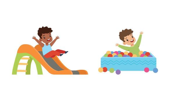 Kids Having Fun on Playground Set, Little Children Sliding Down Slide and Playing in Pool with Colorful Balls Cartoon Illustration vector