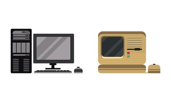 Set of Retro Personal Computers, Pc Monitor System with Keyboard and Mouse Flat Illustration vector