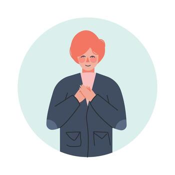 Smiling Man with Hands on Heart Making Positive Hand Gesture in Circular Frame Illustration vector