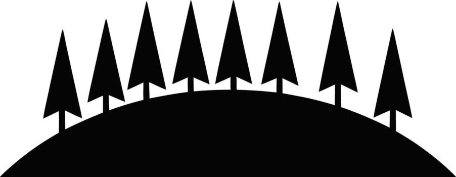 A row of pine trees standing tall on a curved hill in a simple black silhouette vector