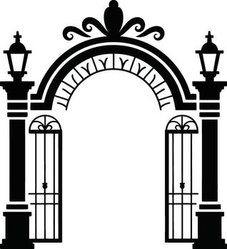 Ornate archway with lanterns and gates silhouette design element vector