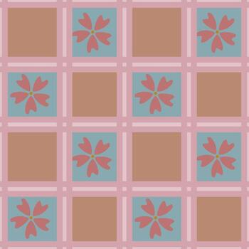 Seamless pattern with stylized pink flowers on a pastel background, arranged in a grid with alternating solid squares and squares featuring floral motifs, creating a delicate and repetitive... vector